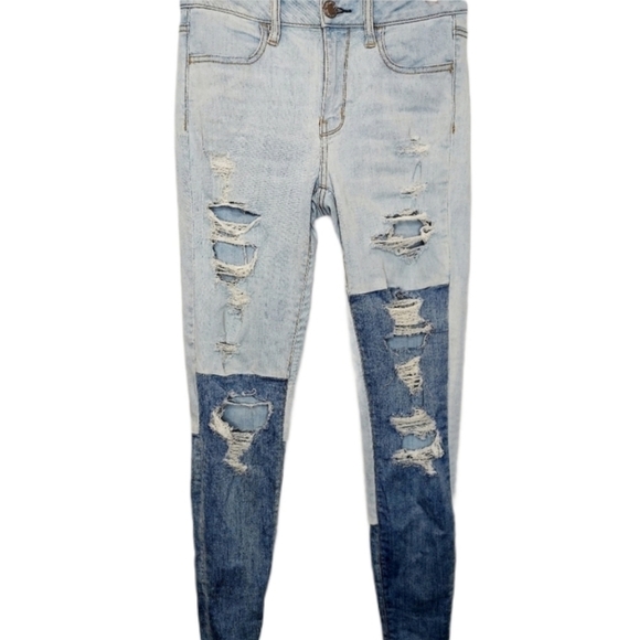 American Eagle Sz 4 Jeggings Hi Rise Patchwork Distressed Super Stretch Denim - Picture 1 of 13